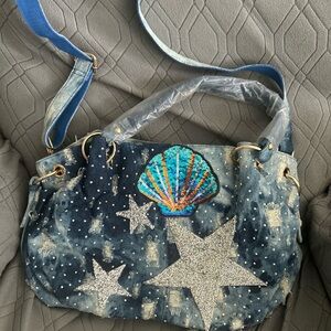Sequin Sea Shell & Star Denim Shoulder Bag - Blue Crossbody Purse